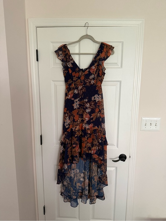 Lulus Dresses & Skirts - Lulu's Navy Floral High-Low Ruffle Dress with Rust and Cream Blooms